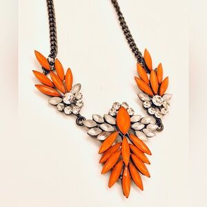 Orange and Crystal Statement Necklace 18” Long with 3” extender